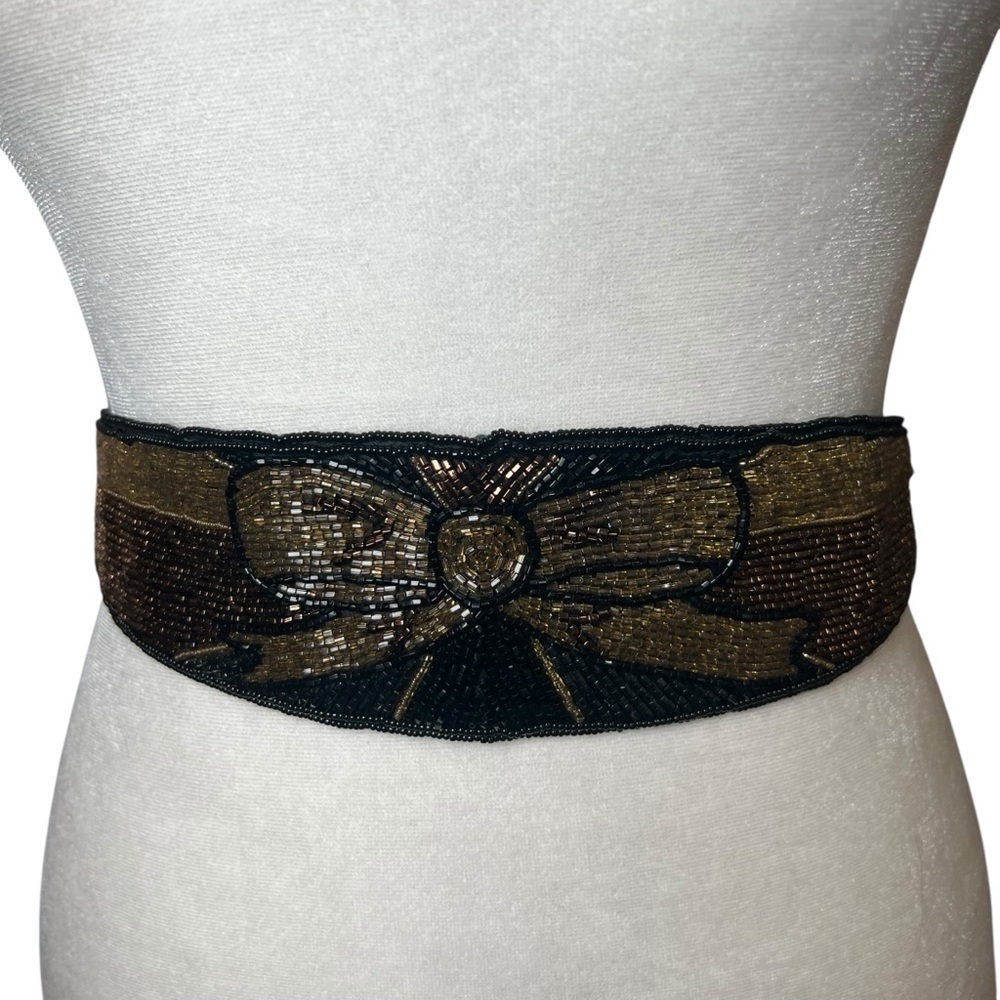 VTG 90s Hand Beaded Tie Belt Art Deco Boho Waist Sash Black Gold Destinee Glam - Picture 2 of 10